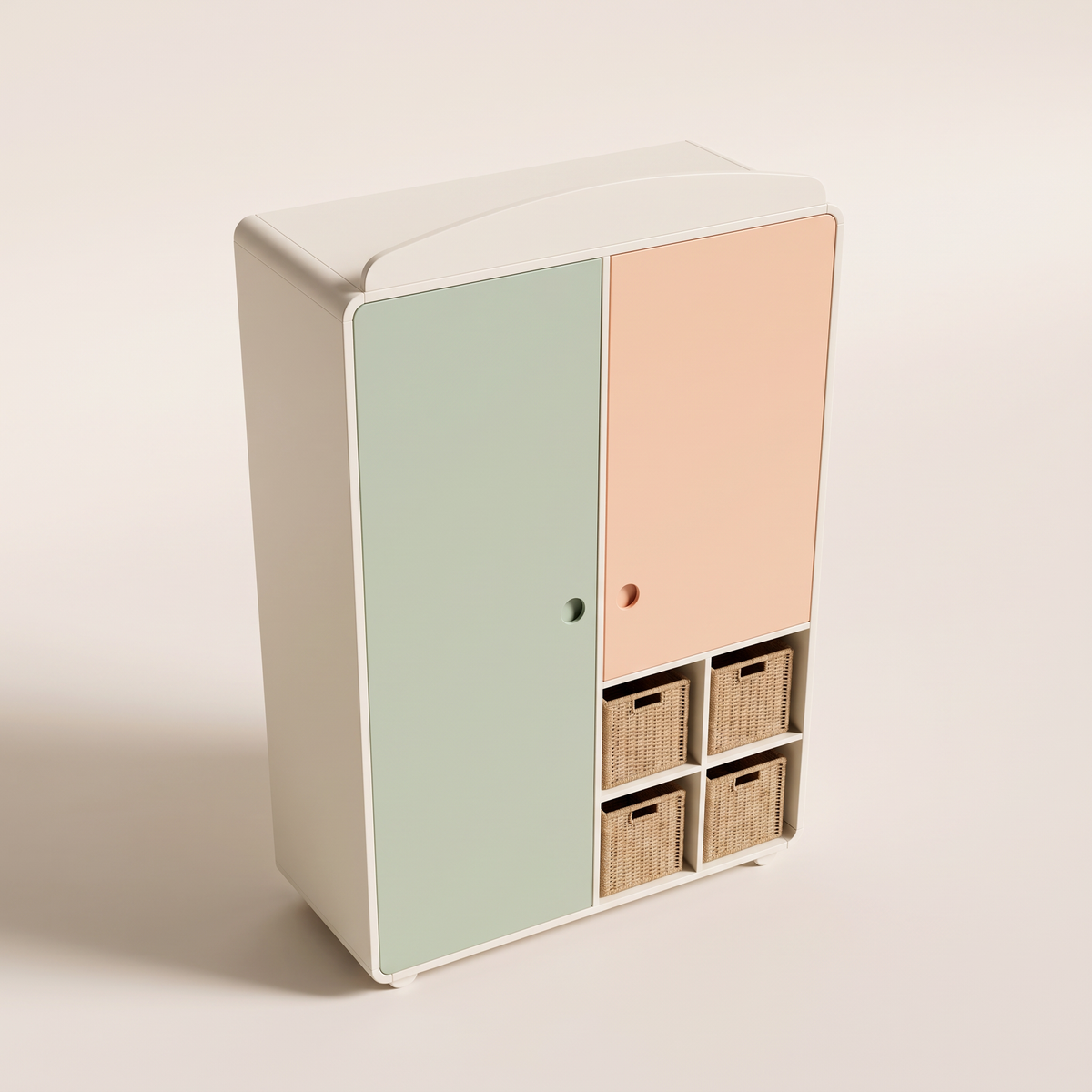 Pip Kids Wardrobe, elevated three-quarter view showing the arched crown and basket cubbies