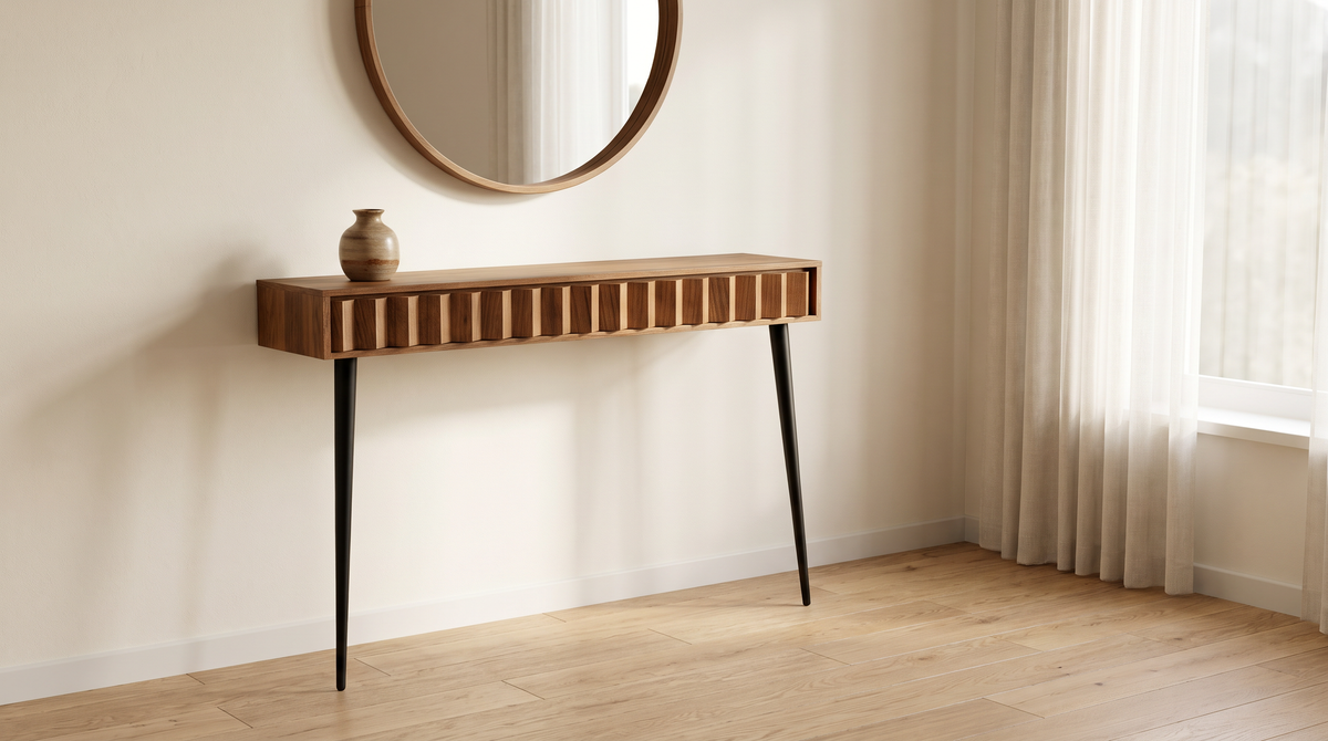 Pleat wall console styled in a calm entrance hall