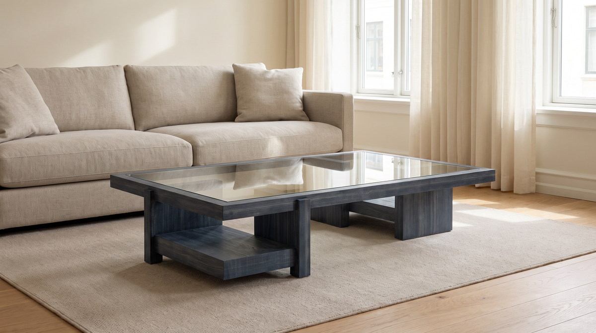 Plinth Blue coffee table styled in a calm living room