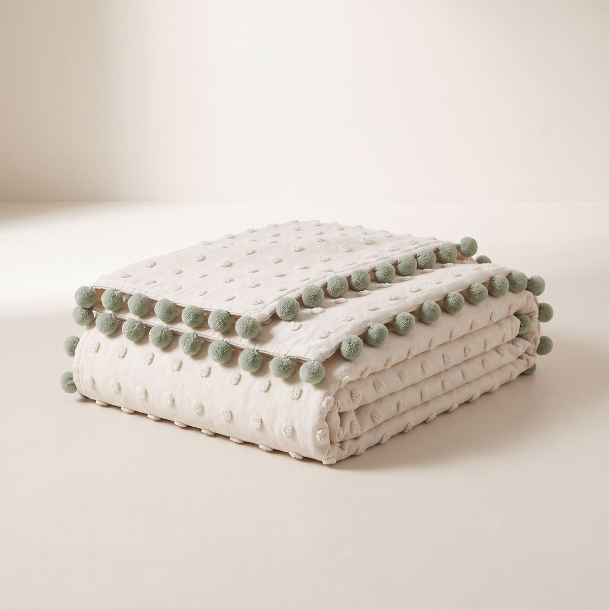 Pom-Pom Tufted Throw in ivory tufted cotton with sage pom-poms, folded neatly