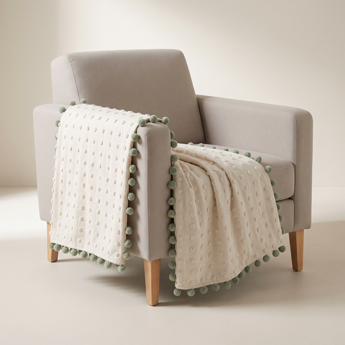 Pom-Pom Tufted Throw in ivory tufted-dot cotton with sage pom-pom edges, draped over an armchair, front three-quarter view