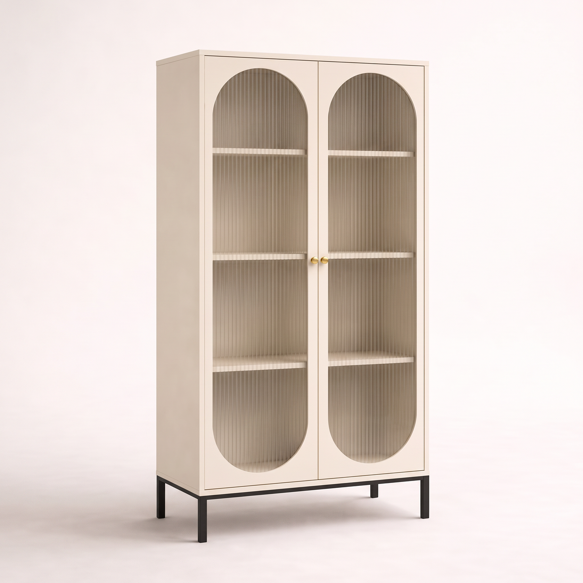 Portal Tall cabinet in cream with capsule reeded-glass doors, brass knobs and black metal base, front three-quarter view