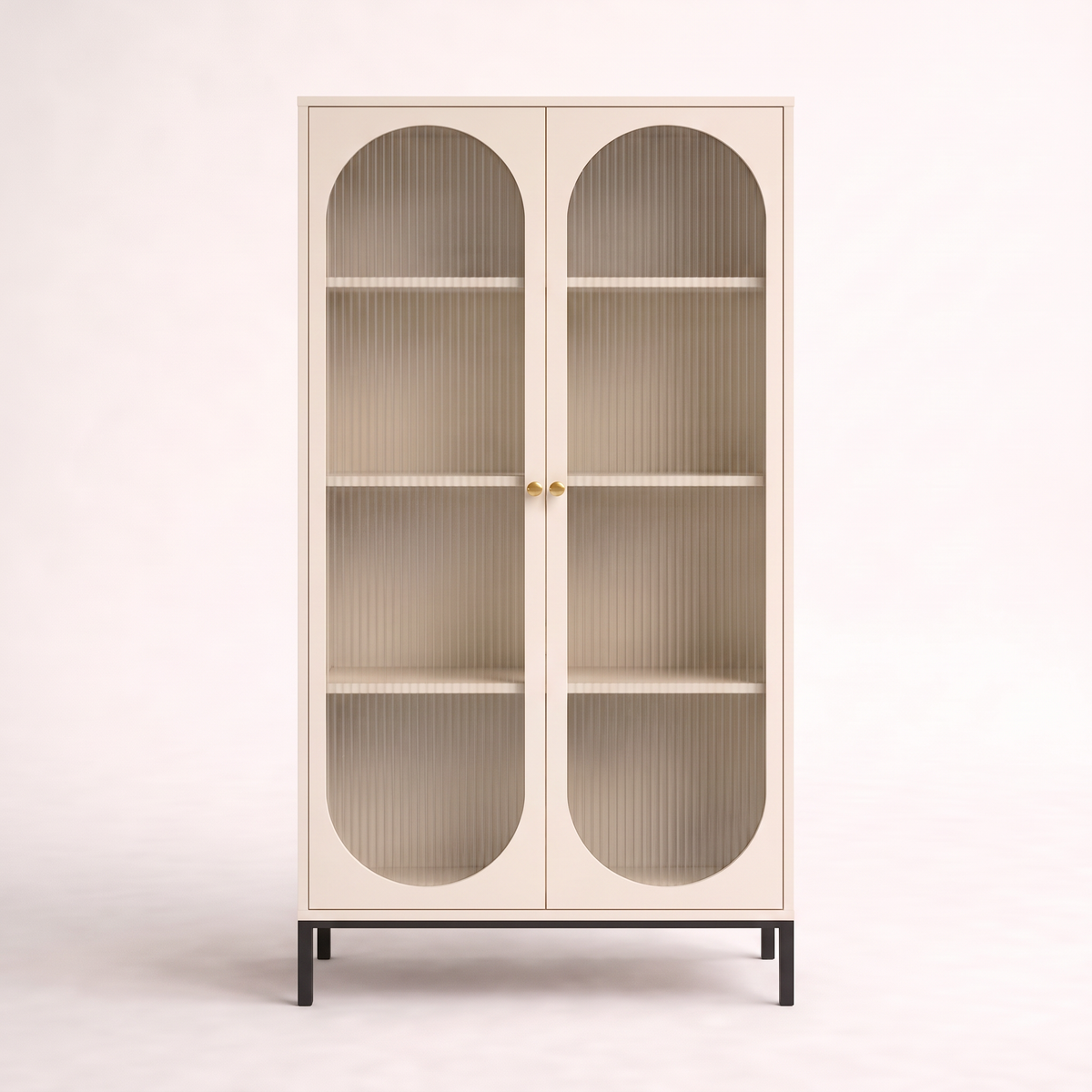 Portal Tall cabinet in cream with capsule reeded-glass doors, brass knobs and black metal base, front view