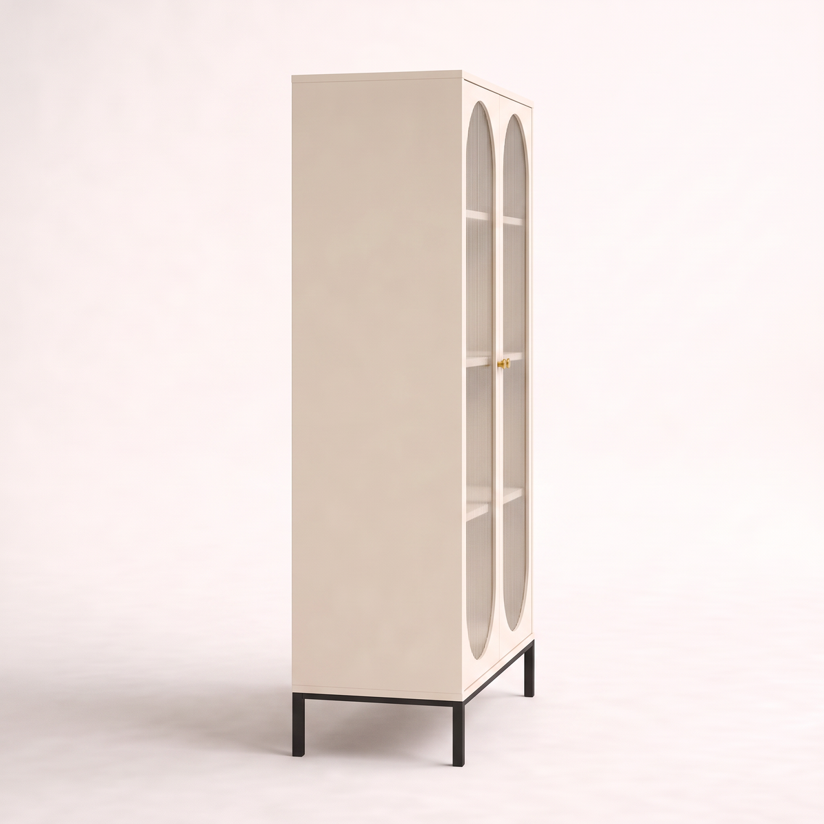 Portal Tall cabinet in cream with black metal base, side view
