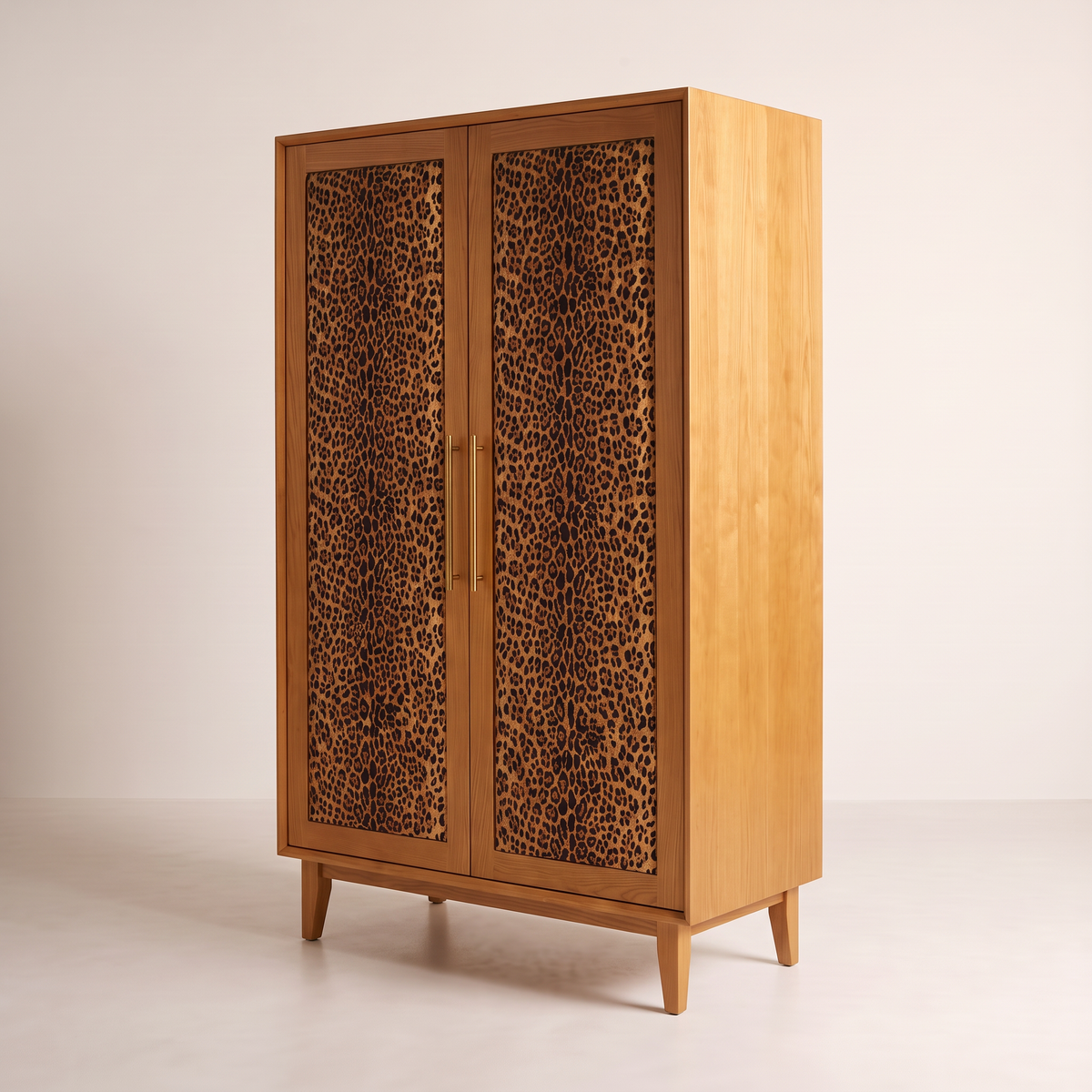 Prowl Wardrobe with leopard-print panels and honey ash body, front-right three-quarter view