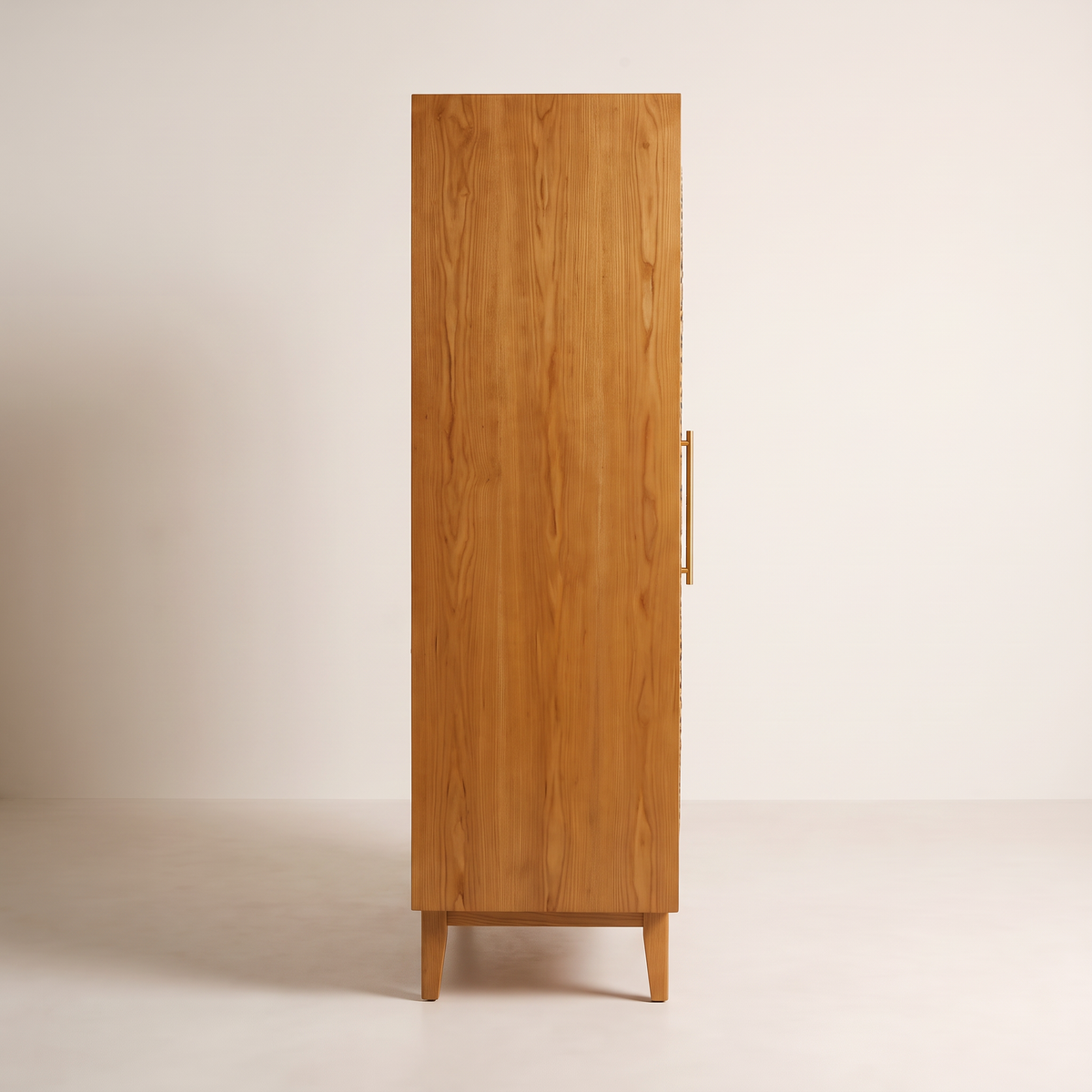 Prowl Wardrobe honey ash side panel on tapered legs, left side profile