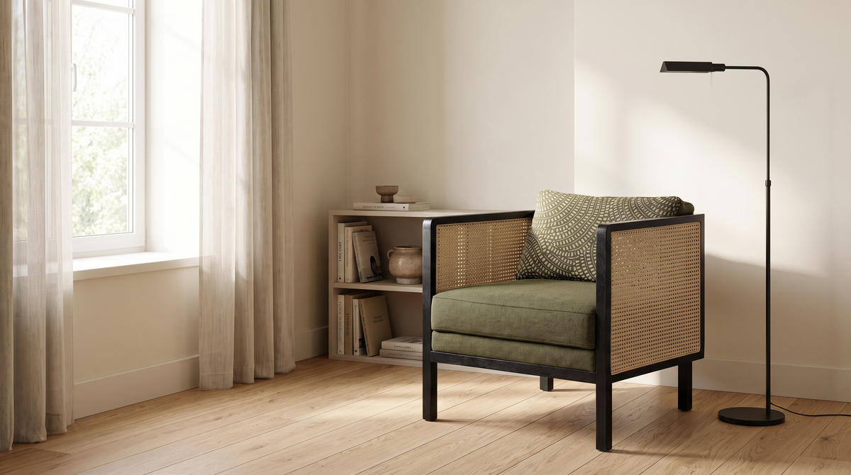 Raffia Black lounge chair styled in a calm reading corner by a window