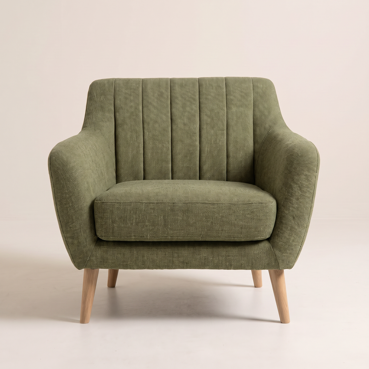 Rest Green lounge chair in olive green channel-stitched upholstery with natural wood tapered legs, front view