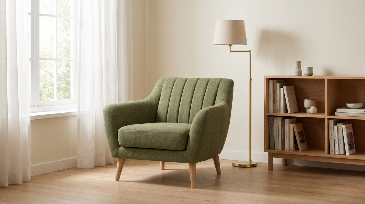 Rest Green lounge chair styled in a calm reading corner by a window