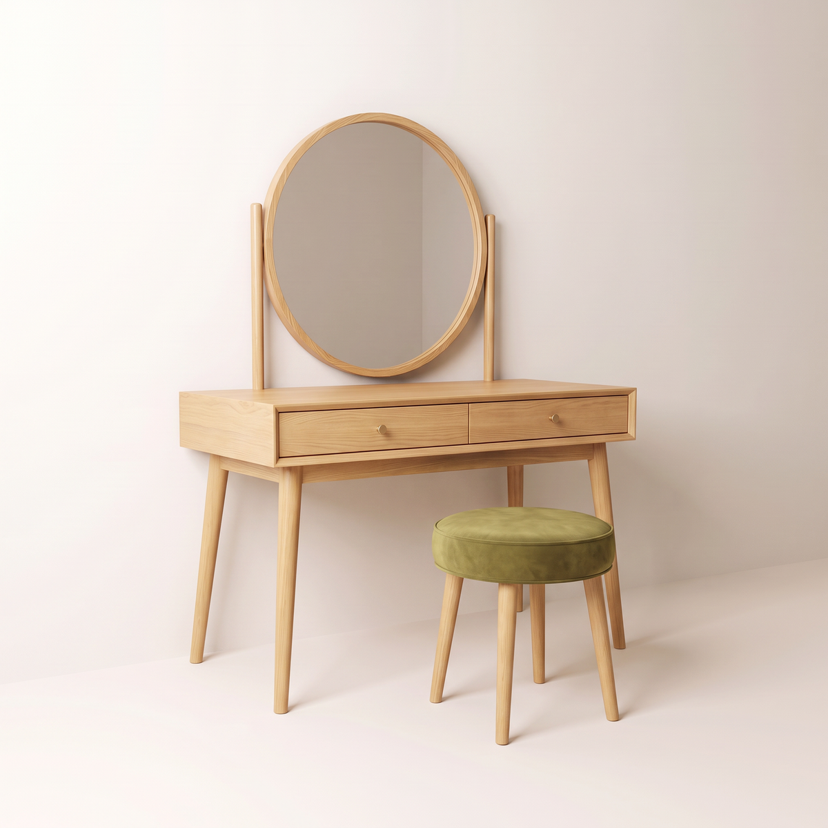 Rosalind Dressing Table in honey ash with round mirror and olive velvet stool, front-left three-quarter view