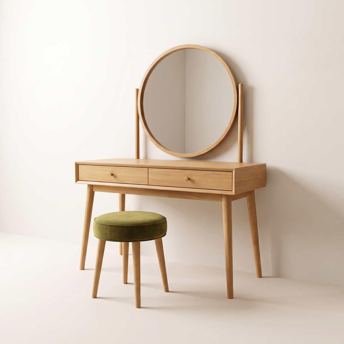 Rosalind Dressing Table in honey ash with two brass-knob drawers, tapered legs, round ash-framed mirror on posts and olive velvet stool, three-quarter studio view