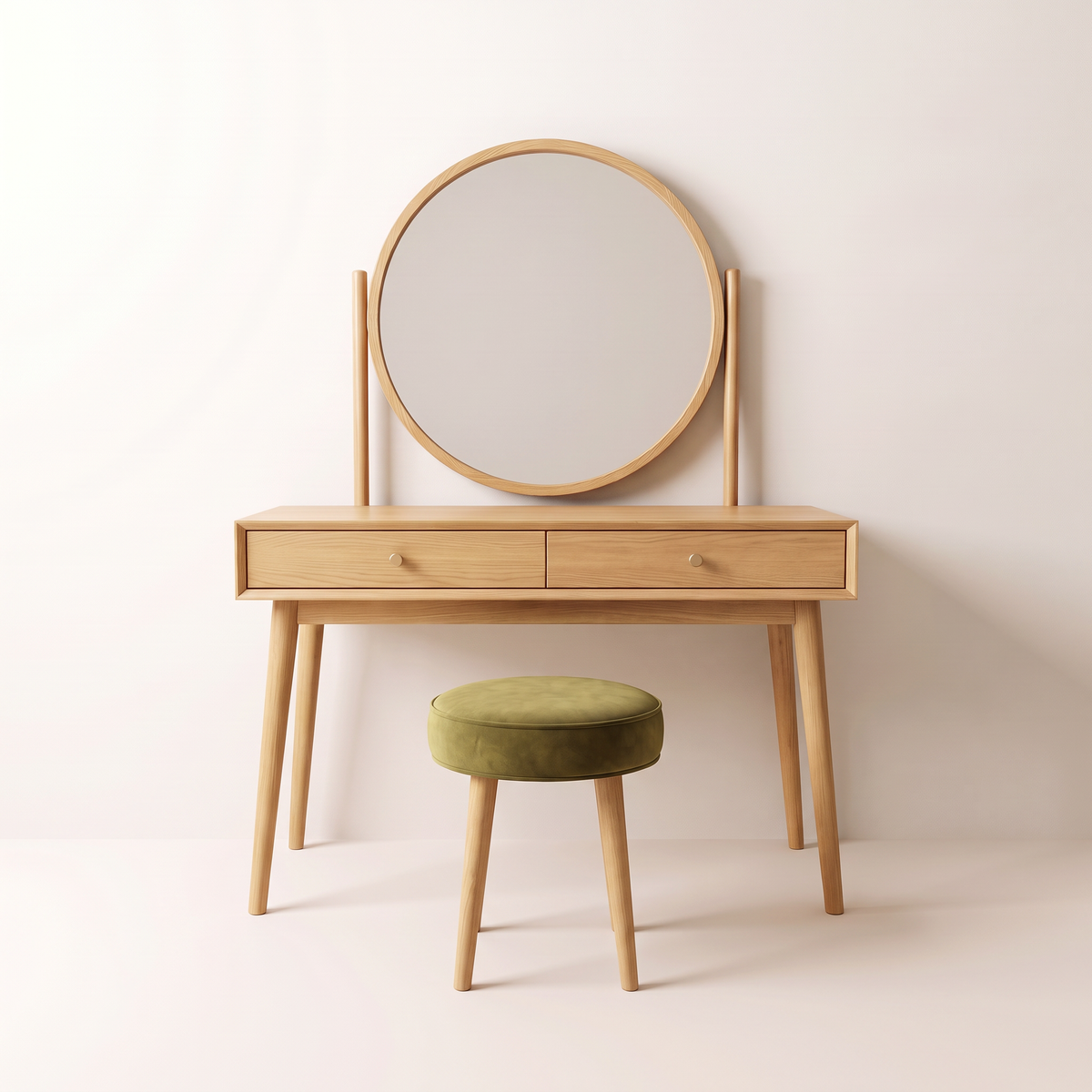 Rosalind Dressing Table in honey ash with round mirror and olive velvet stool, straight front view
