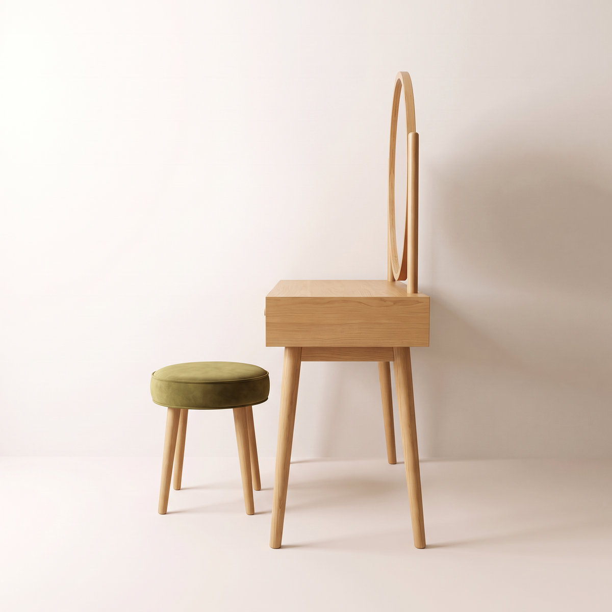 Rosalind Dressing Table side profile showing splayed ash legs, mirror post and stool