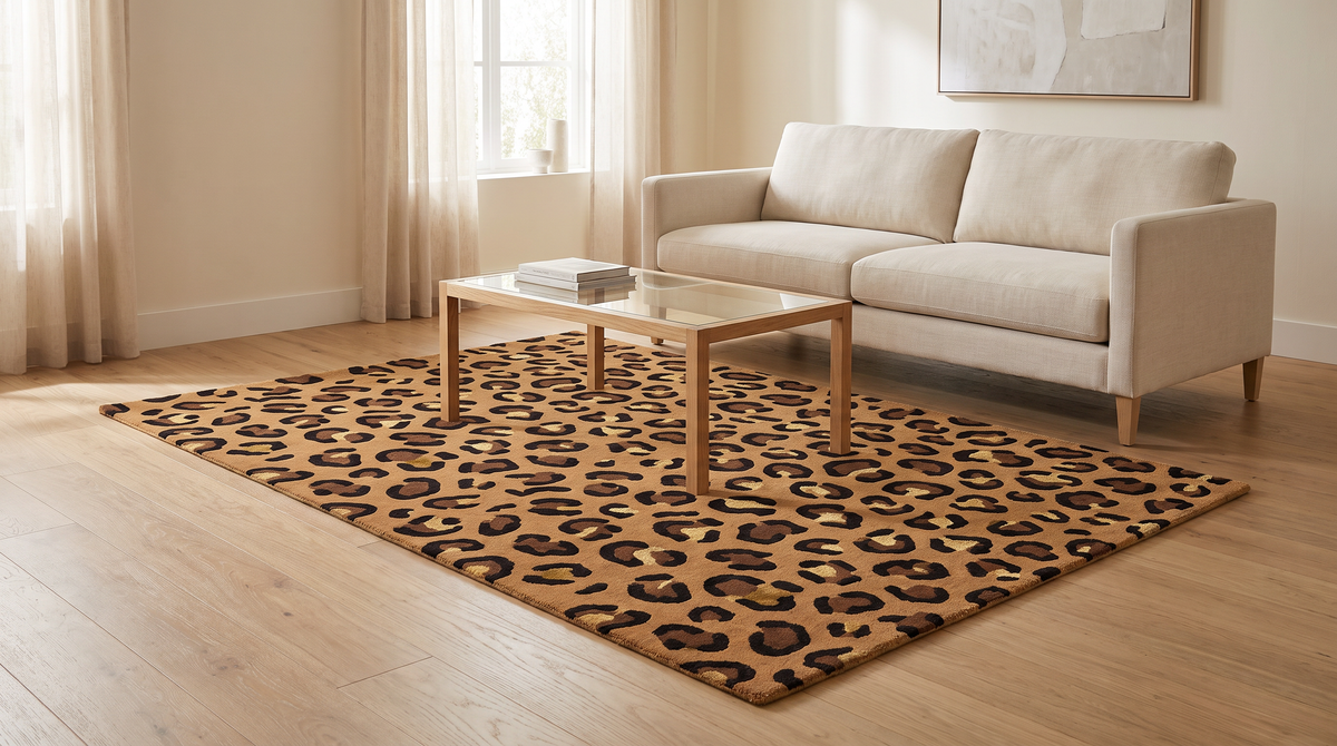 Rosette Leopard Rug styled under a coffee table in a calm neutral living room