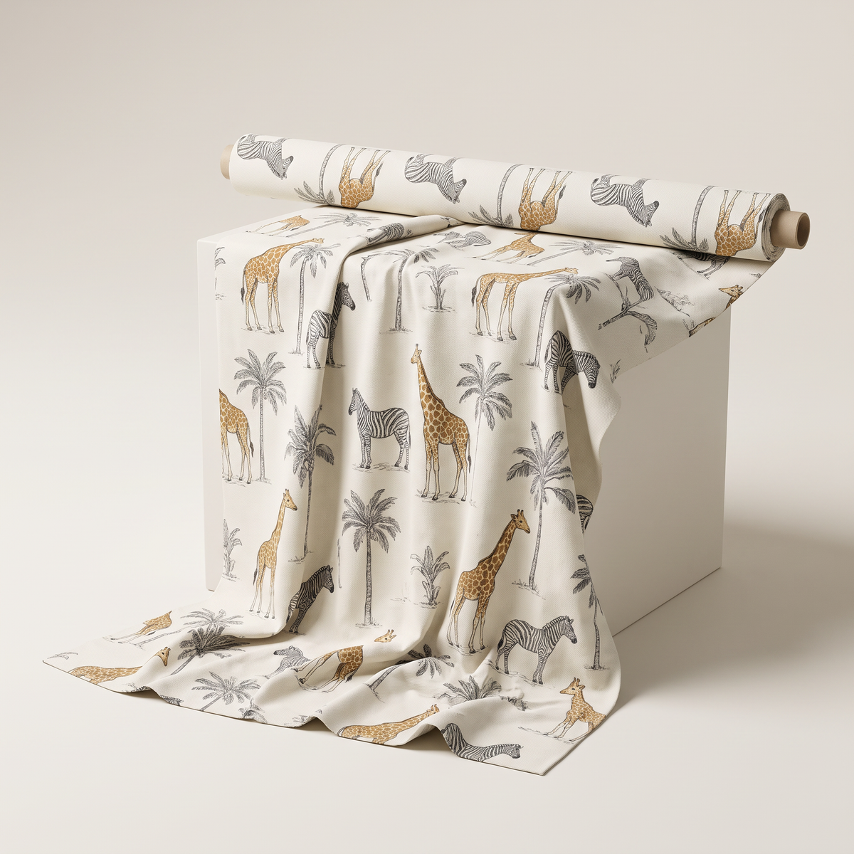 Safari Toile upholstery fabric, ivory canvas printed with giraffes, zebras and palms, unrolled from a bolt and draped over a studio plinth