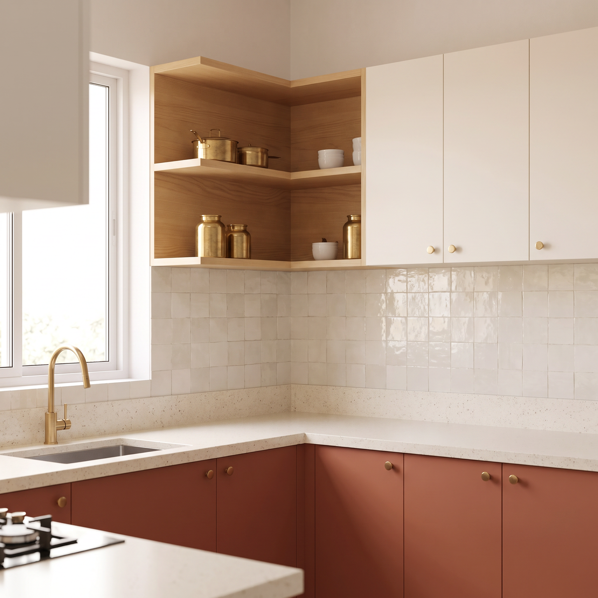 Saffron U-Kitchen corner with open ash shelves holding brass vessels, ivory wall cabinets and zellige-style tiles