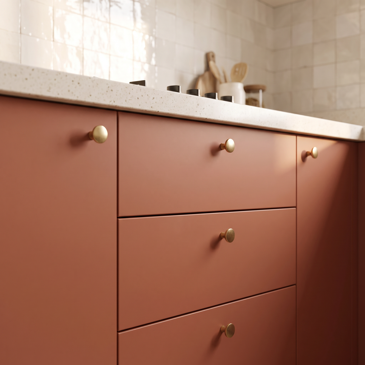 Saffron U-Kitchen detail of rust-terracotta matte drawers with round brass knobs and speckled cream quartz