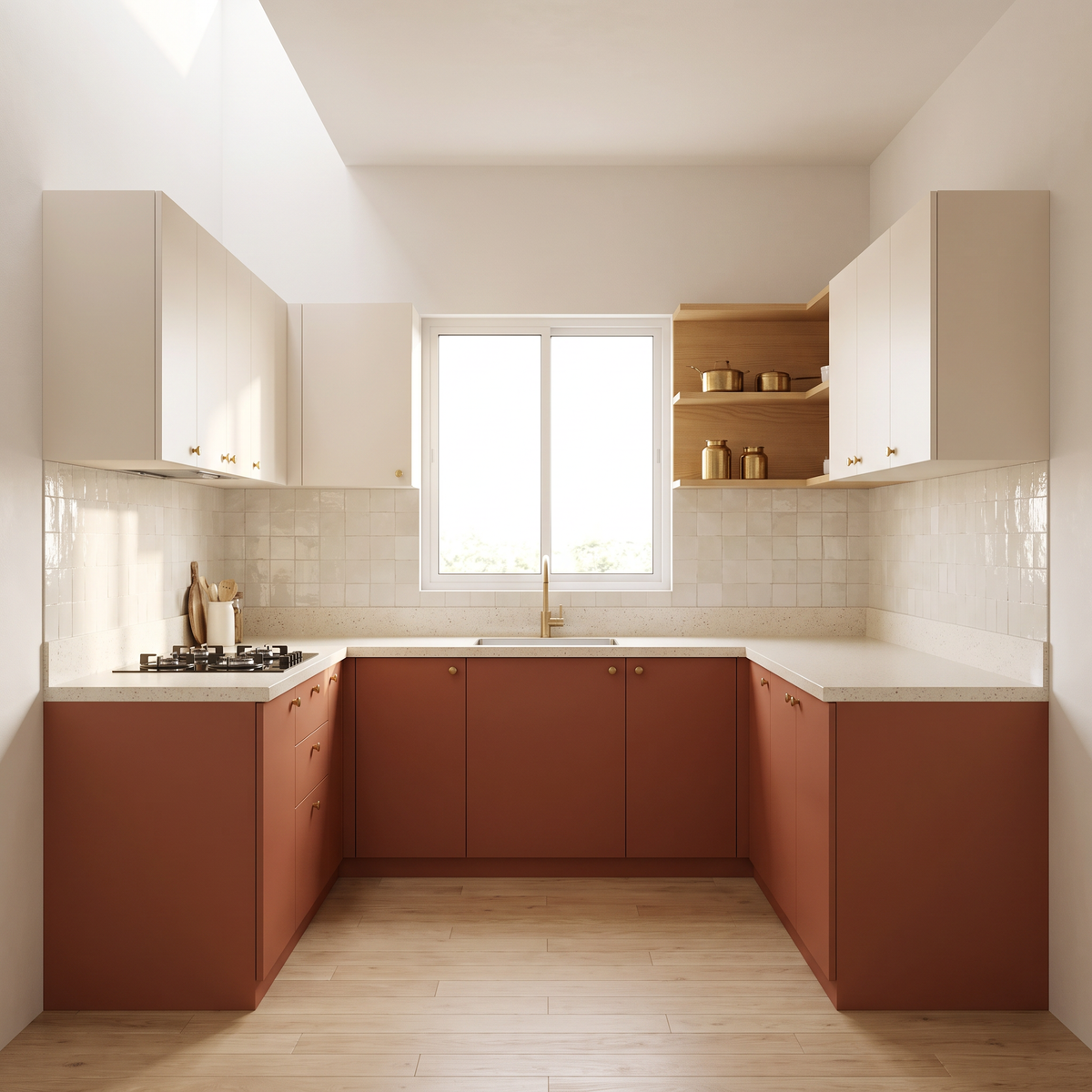 Saffron U-Kitchen with rust-terracotta matte base cabinets, ivory wall cabinets, brass knobs, cream quartz worktop and zellige-style backsplash