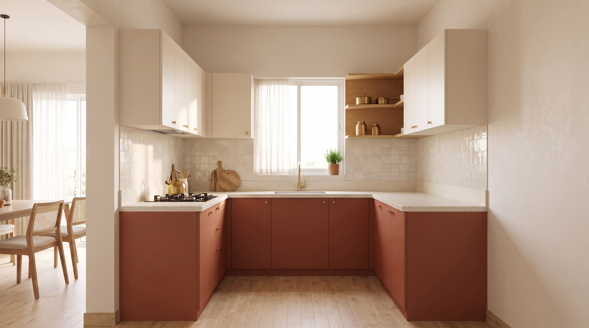 Saffron U-Kitchen styled in a bright family kitchen next to a dining area