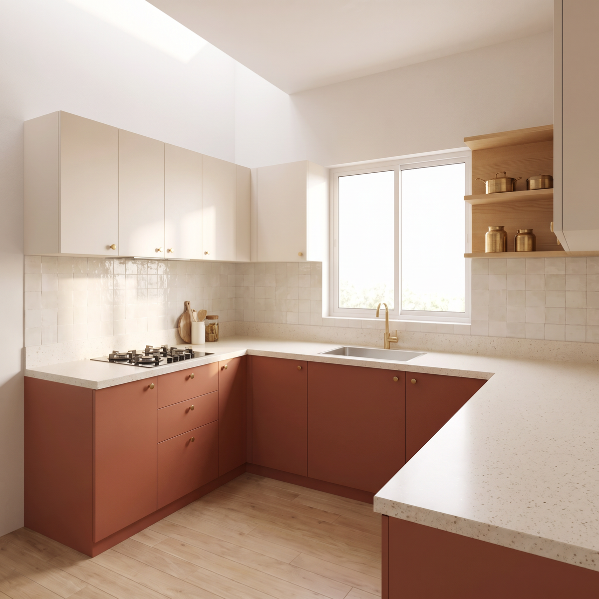 Saffron U-Kitchen from a raised diagonal viewpoint, showing the cream quartz worktop, hob and sink