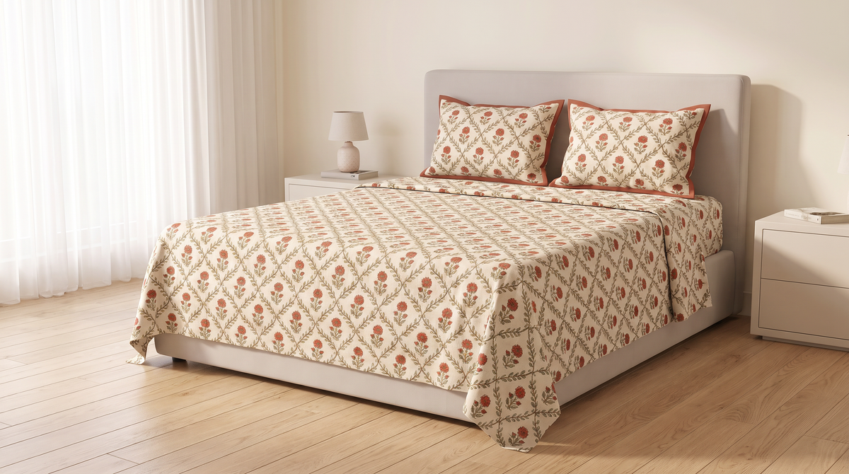 Sanganer Block Sheet Set styled on a bed in a calm bedroom