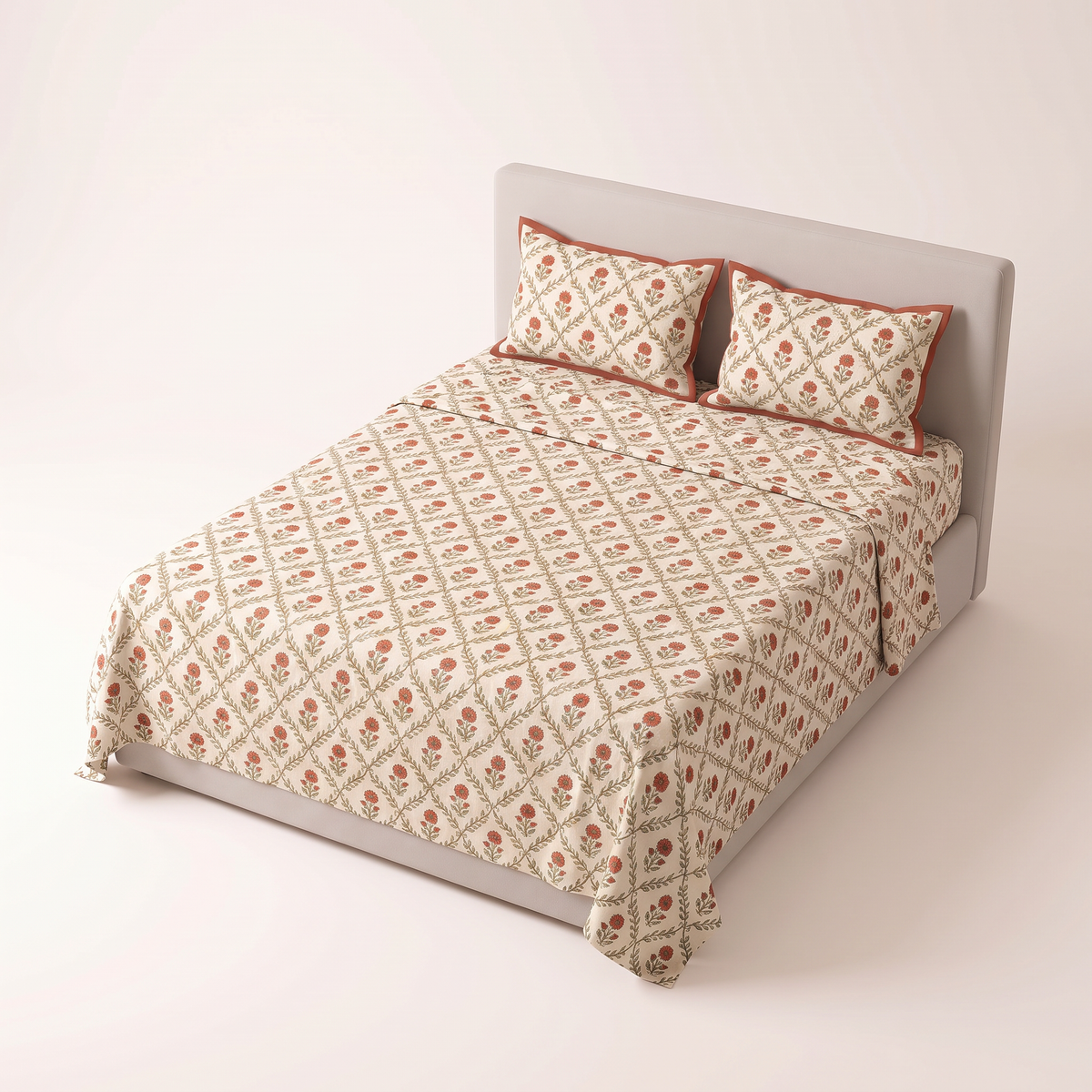 Sanganer Block Sheet Set block-printed jaal sheet and pillow covers, elevated three-quarter view