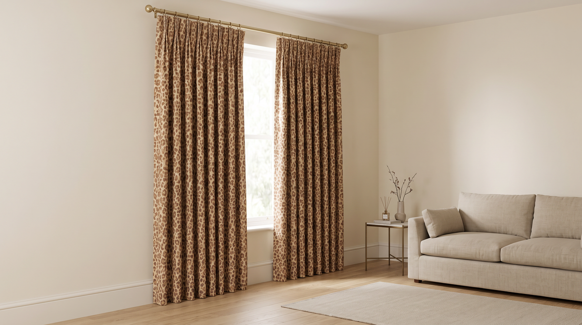 Savanna Jacquard Drape leopard jacquard curtains styled at a window in a calm living room