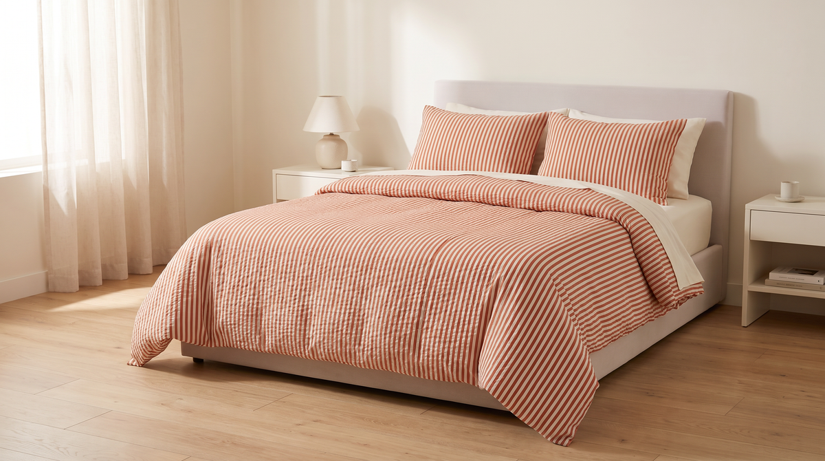 Seersucker Stripe Set styled on a bed in a calm bedroom