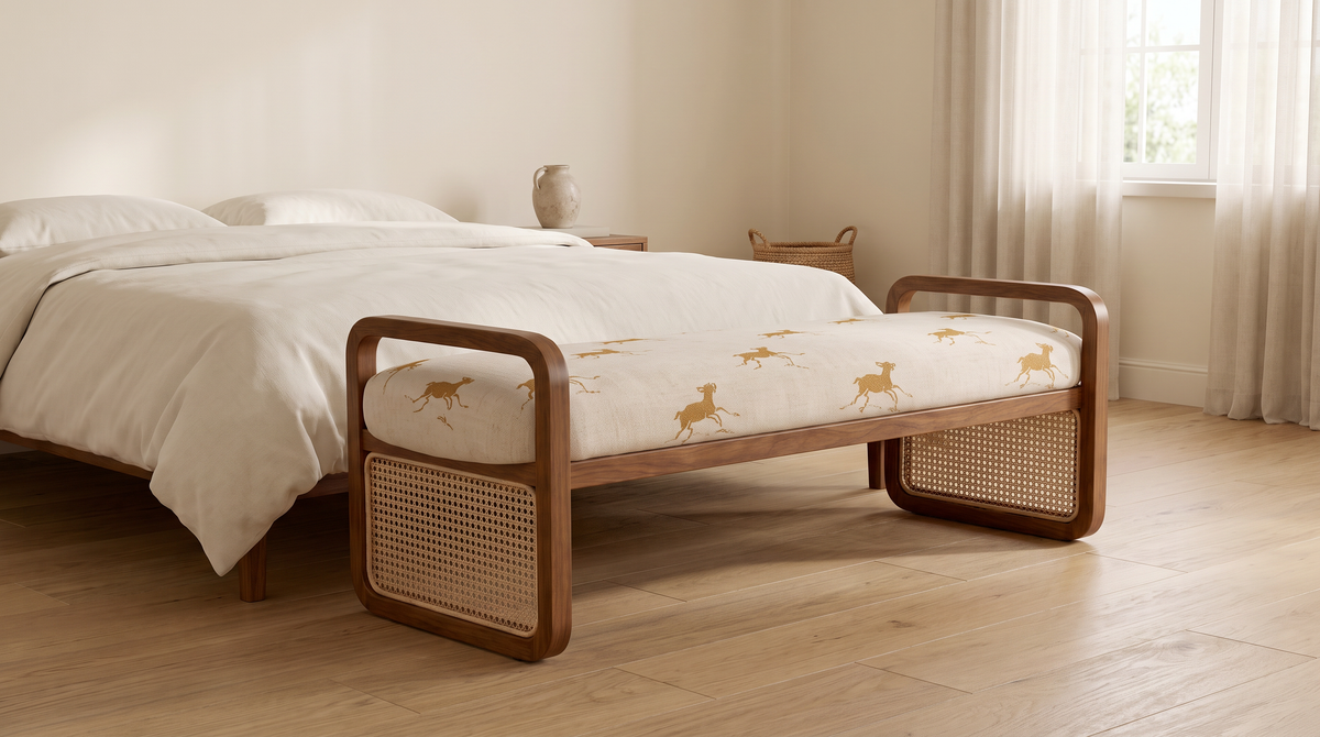 Serena Canter ottoman bench styled at the foot of a bed in a calm bedroom