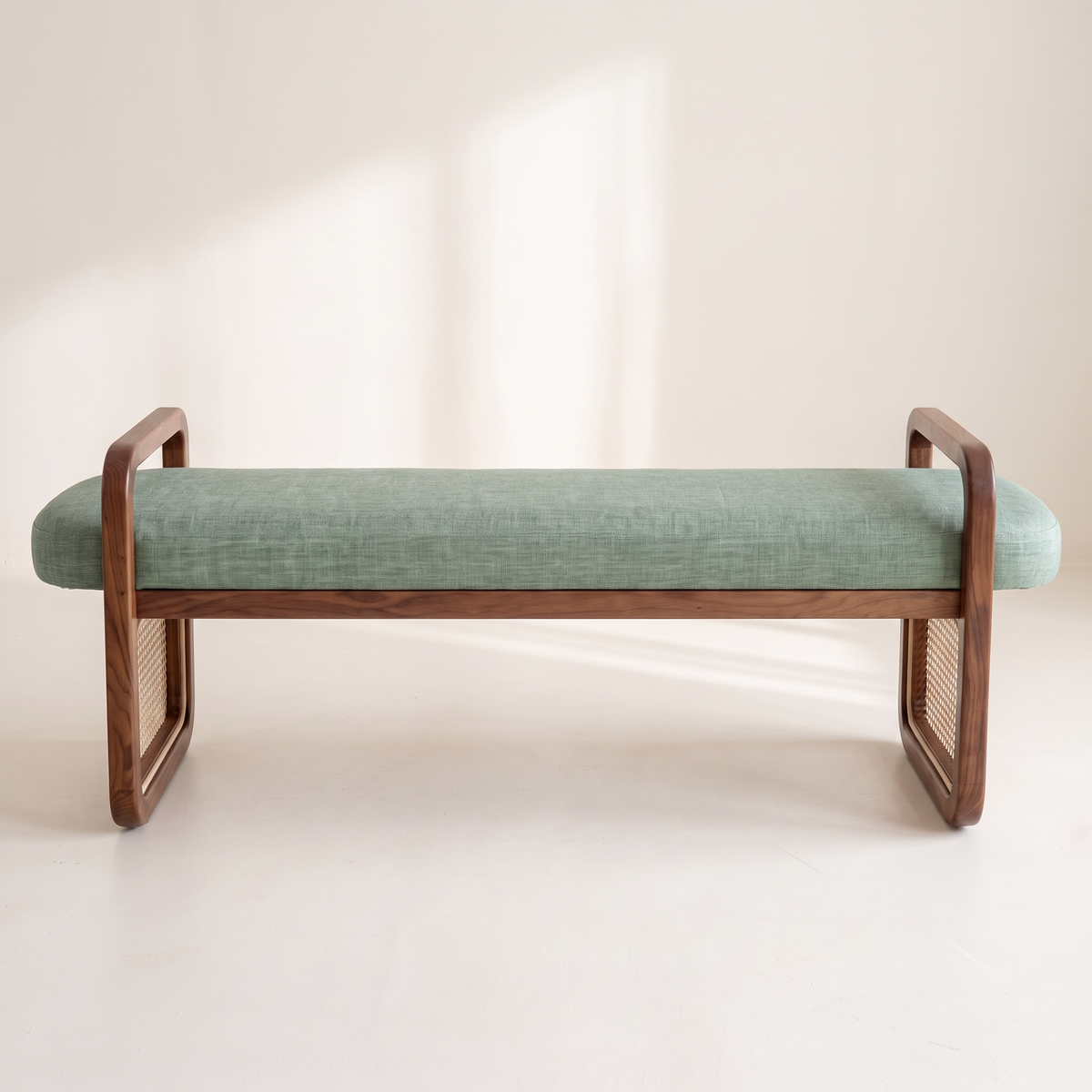 Serena Sage ottoman bench in sage green linen with walnut frame, front elevation