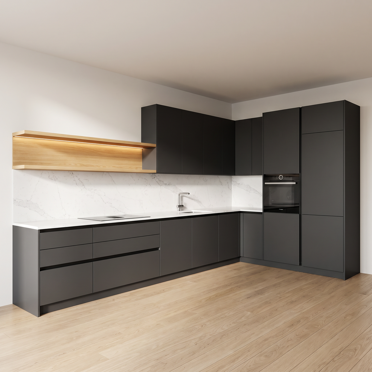 Slate Handleless L-shaped kitchen with charcoal matte handleless fronts, tall units, honey ash open shelf and white quartz worktop, front three-quarter view