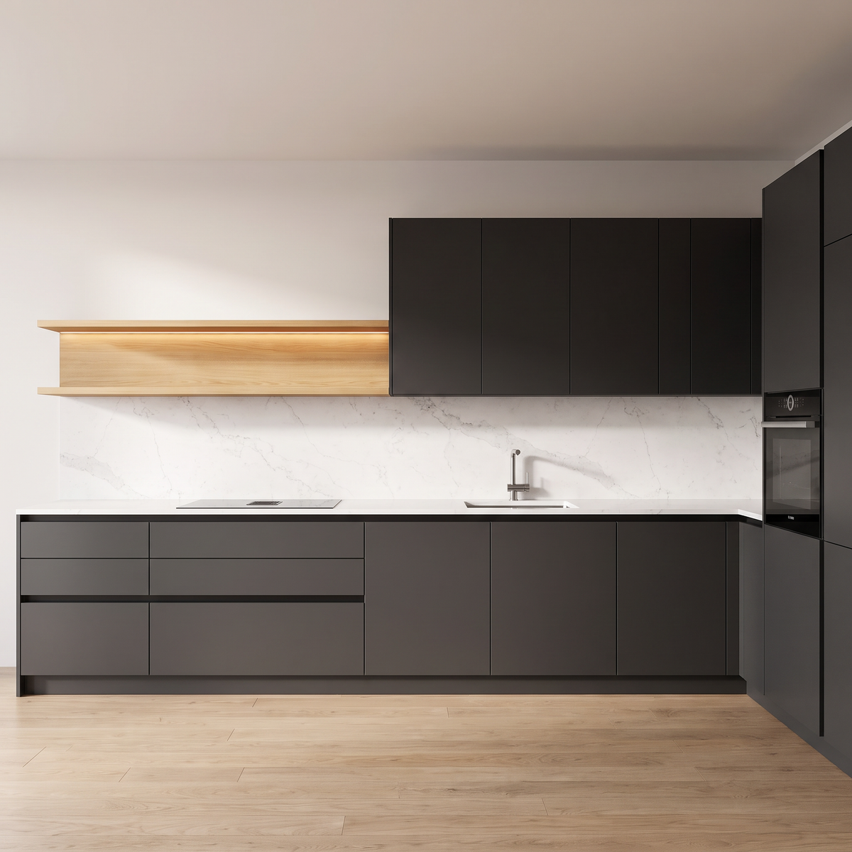 Slate Handleless kitchen, straight front elevation of the long charcoal run with ash shelf and quartz backsplash