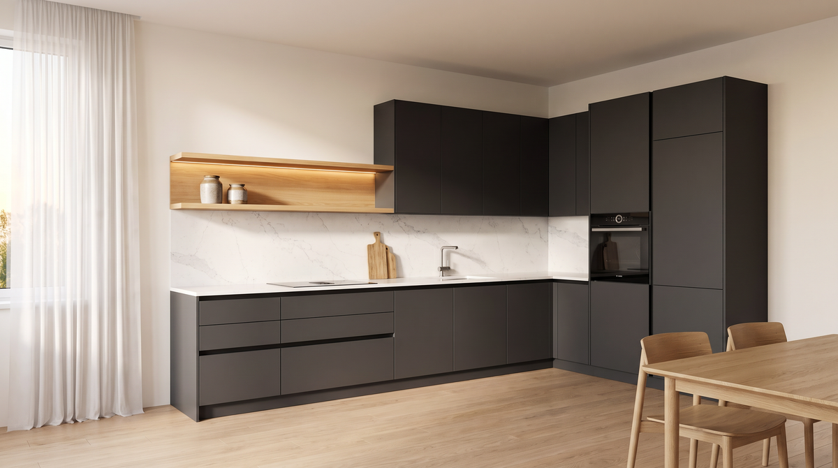 Slate Handleless kitchen styled in a calm open kitchen beside a dining table