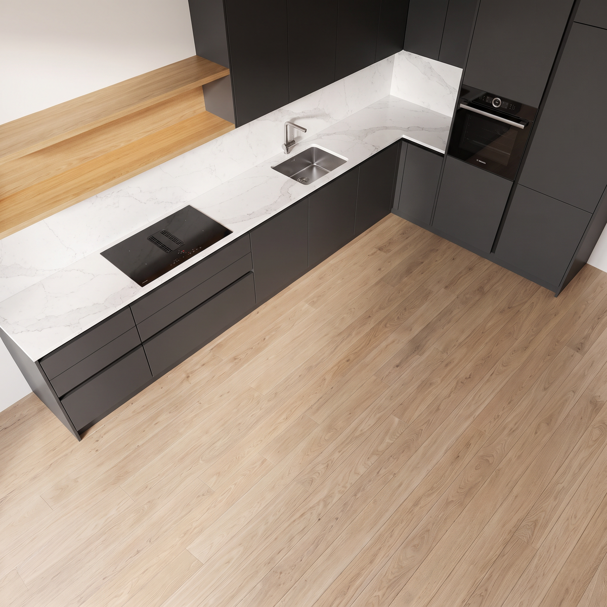 Slate Handleless kitchen from above, showing the L-shaped white quartz worktop with hob and sink