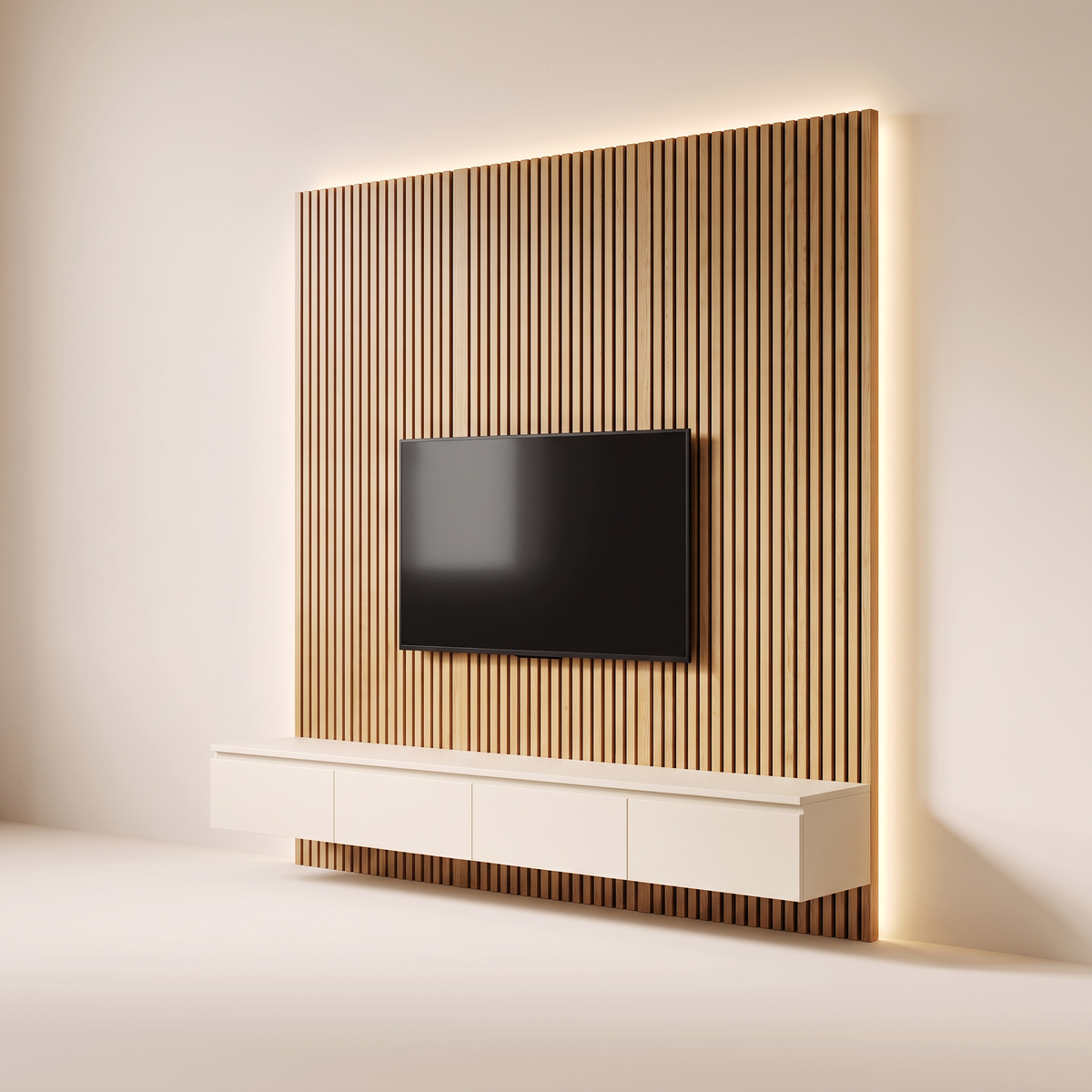 Slatlight Media Wall honey ash slat panel and ivory console, front-right three-quarter view