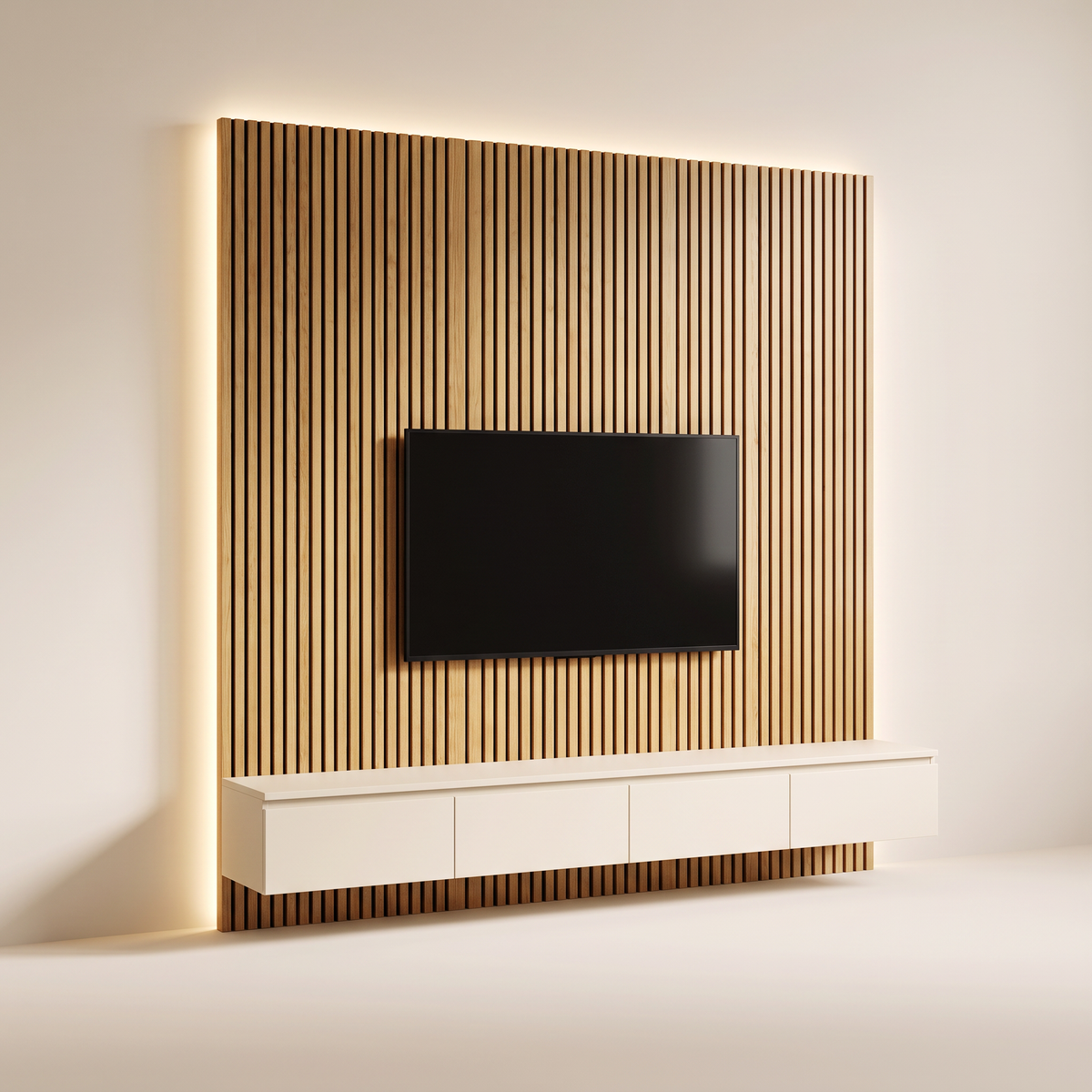 Slatlight Media Wall with vertical honey ash slat panel, warm LED edge glow and floating ivory drawer console, three-quarter view