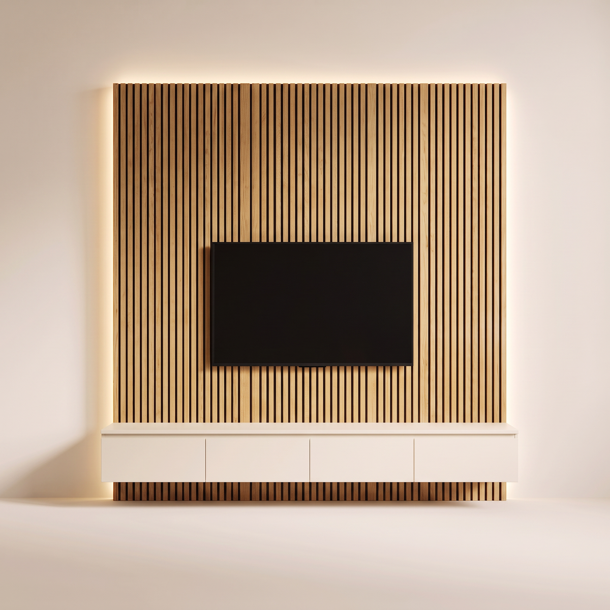 Slatlight Media Wall honey ash slat TV panel with floating ivory console, straight front view