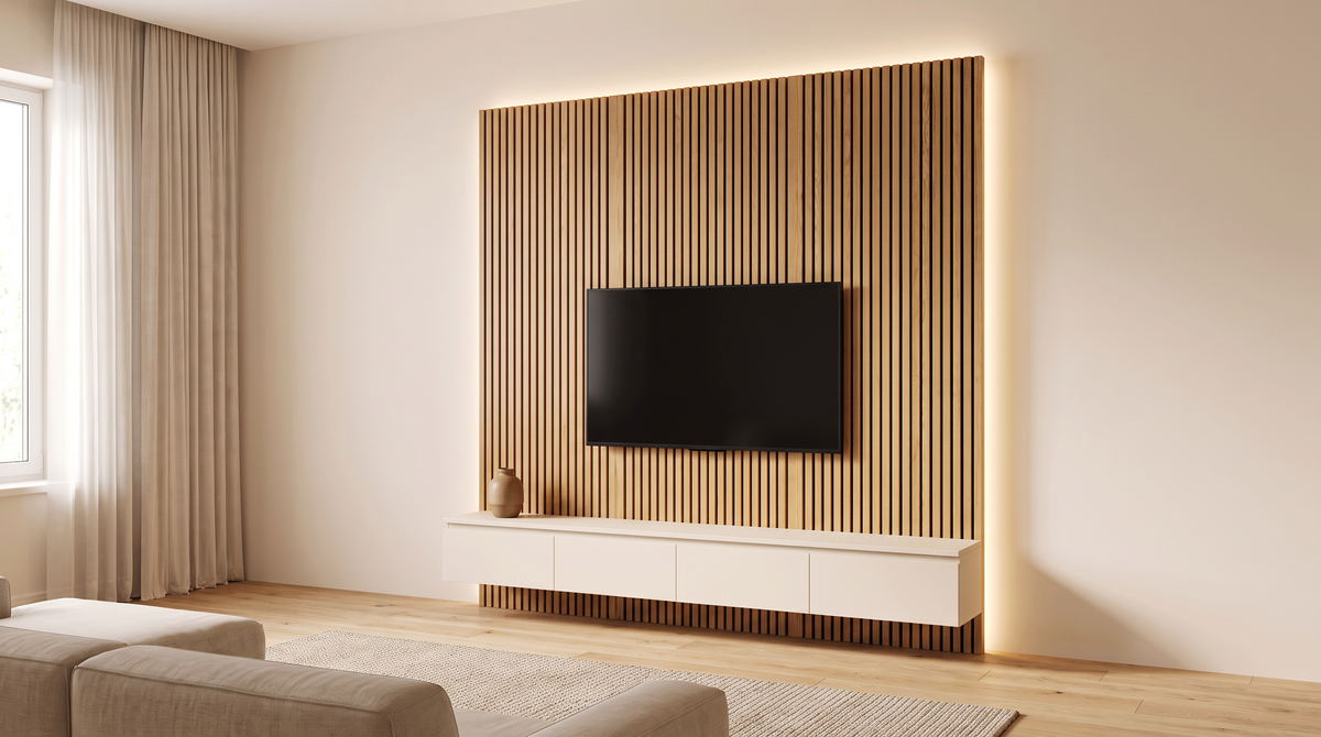 Slatlight Media Wall styled in a calm living room