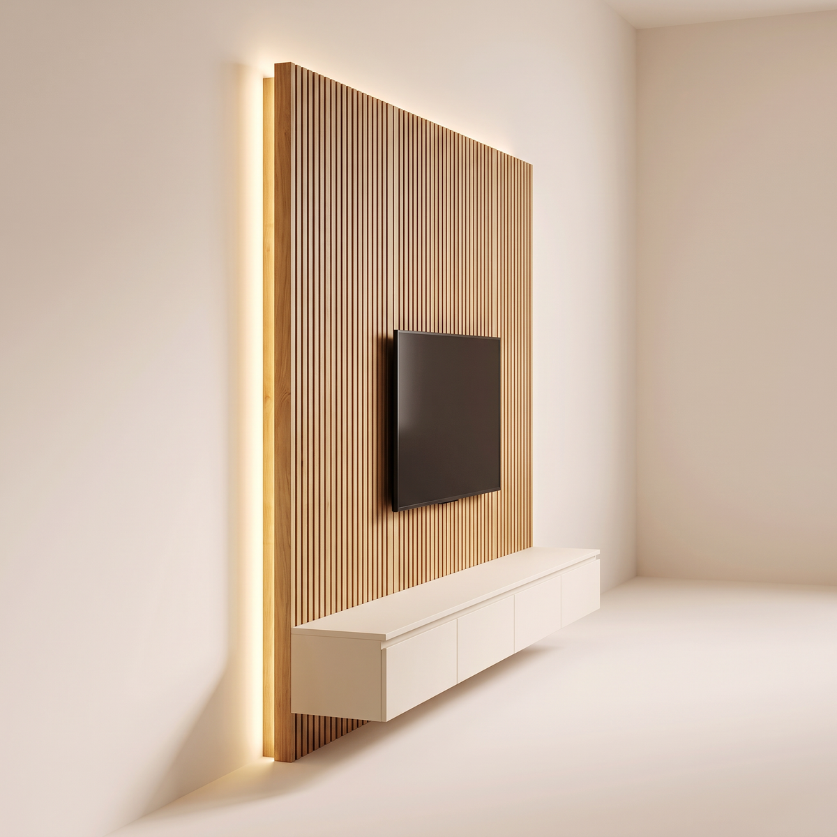 Slatlight Media Wall seen from the left side, showing slat panel depth, LED glow and floating console