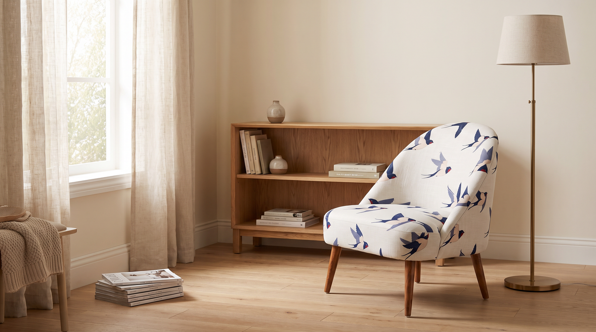 Soft Flight lounge chair styled in a calm reading corner by a window