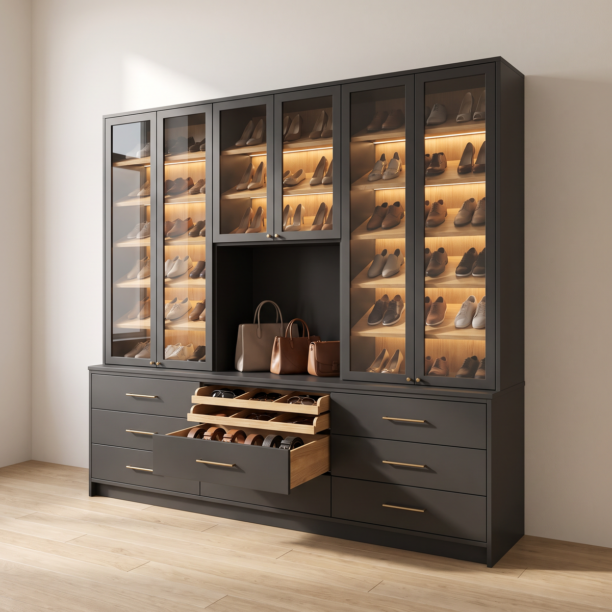 Sole Shoe Wall design proposal: charcoal lacquer wall unit with glass-door cabinets, LED-lit angled ash shoe shelves, a handbag niche and brass-pull drawers, front three-quarter view
