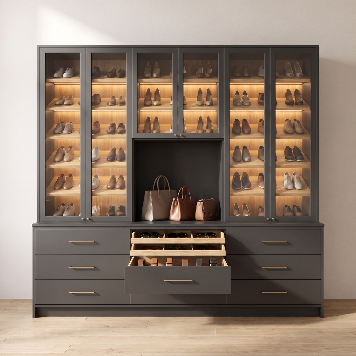 Sole Shoe Wall in charcoal lacquer with glass doors, central handbag niche and an open accessory drawer, straight front view