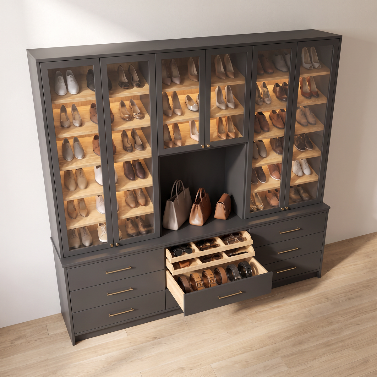 Sole Shoe Wall with open drawer showing ash compartments for belts and sunglasses, elevated view