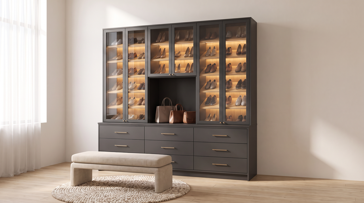 Sole Shoe Wall styled in a calm dressing room with an oat linen bench and round rug
