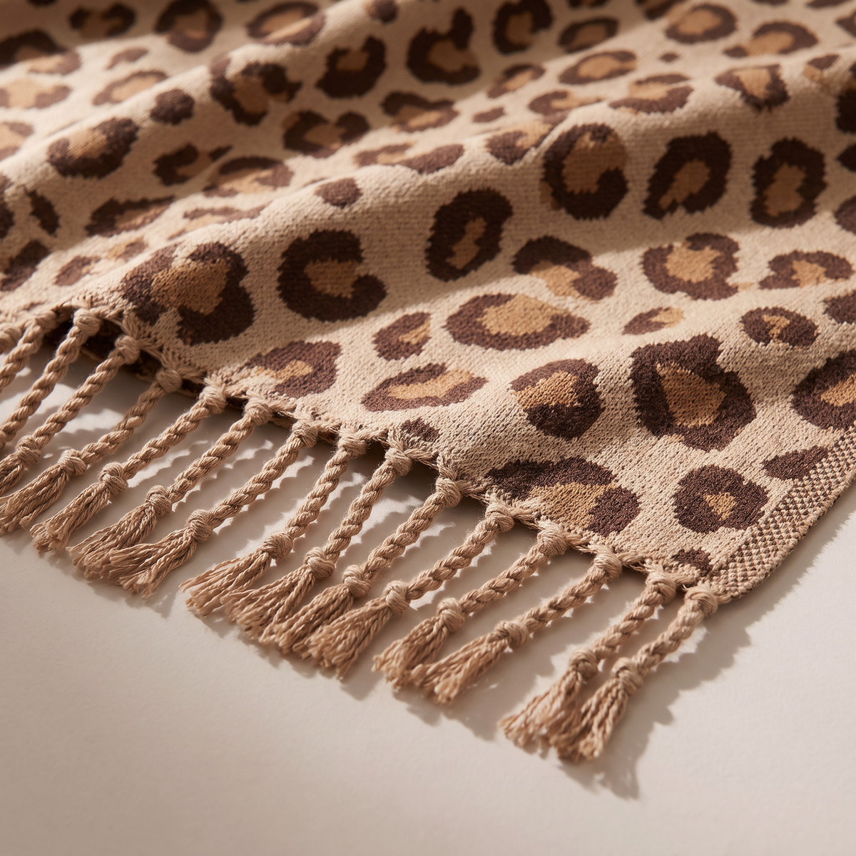 Spotted Fringe Throw close-up of the woven leopard rosettes and knotted fringe