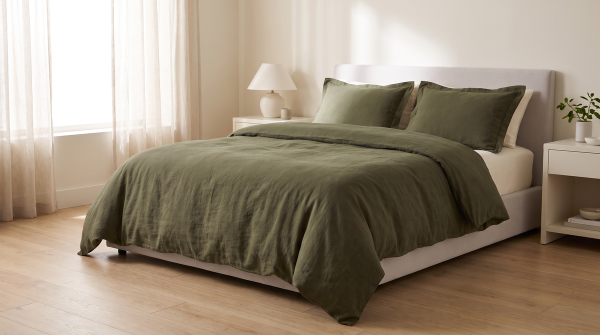 Stonewash Olive Duvet Set styled on a bed in a calm bedroom
