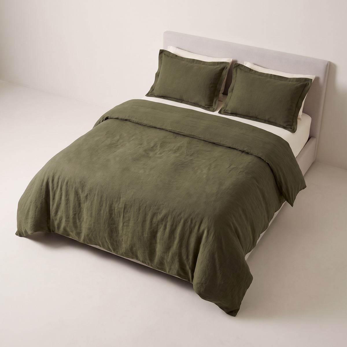 Stonewash Olive Duvet Set deep olive duvet and shams, elevated three-quarter view
