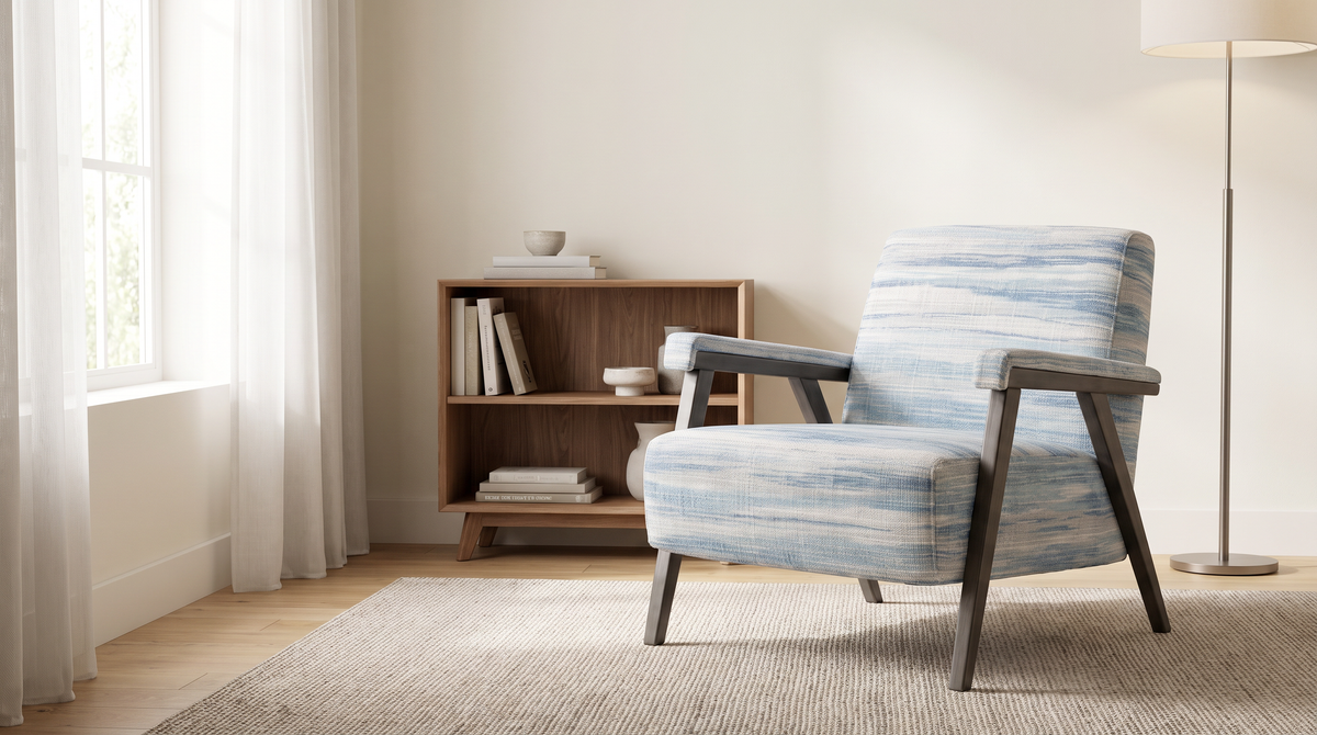 Strata Blue lounge chair styled in a calm reading corner