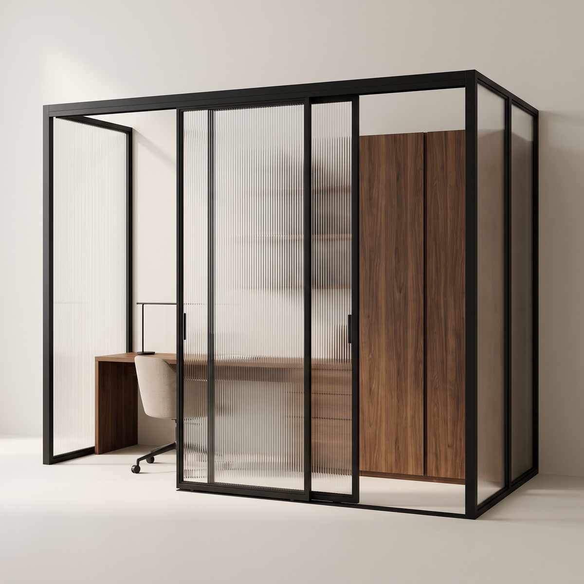 Studio Glass Office black aluminium and fluted glass sliding partition enclosing a walnut veneer desk and tall walnut cabinets, front three-quarter view