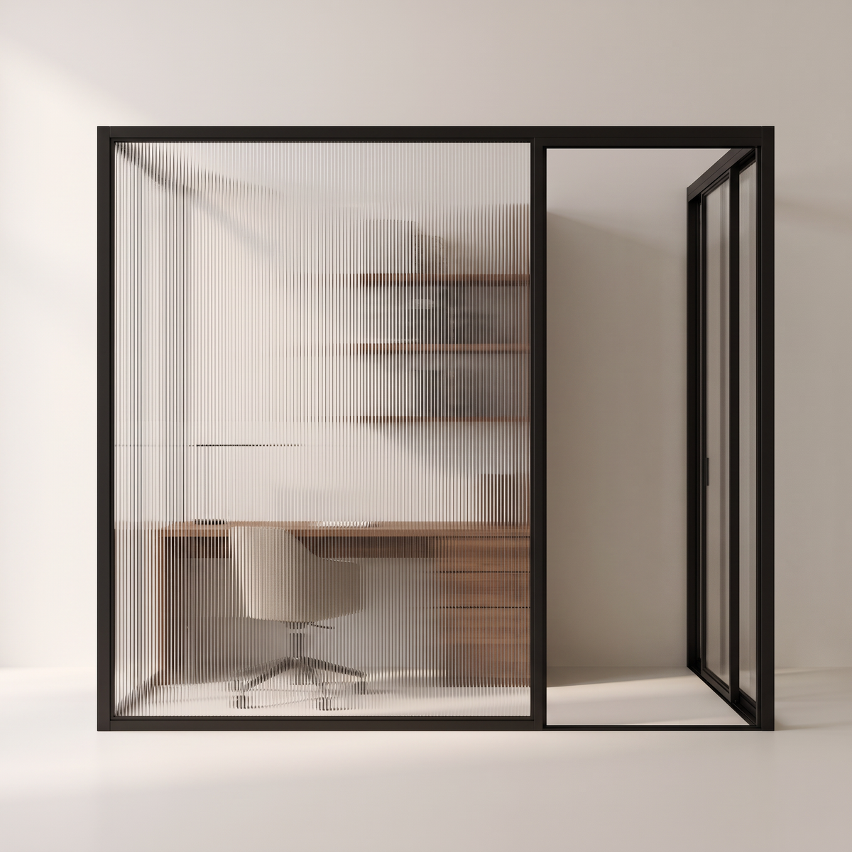 Studio Glass Office black-framed fluted glass side panel with walnut desk visible behind, side profile